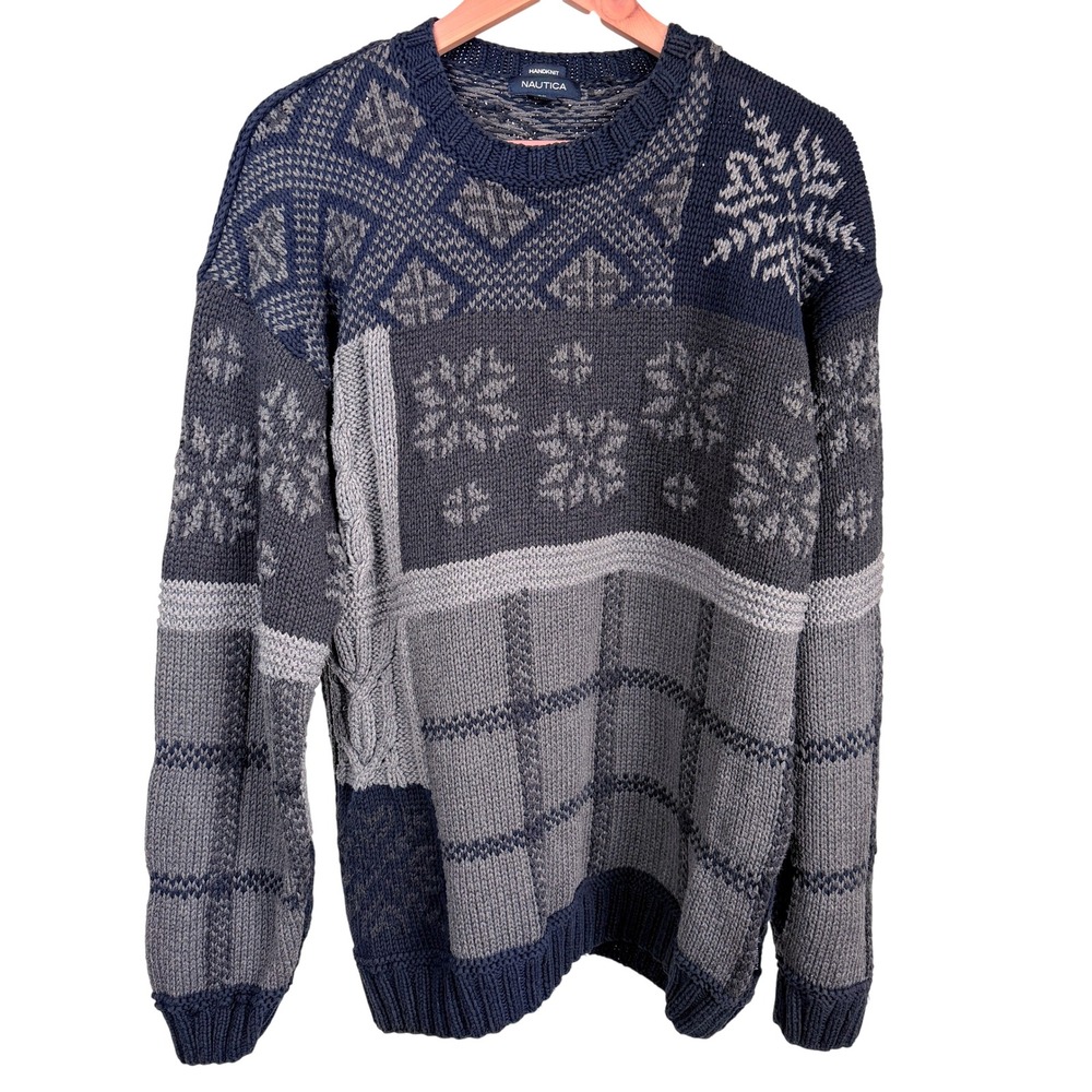 Nautica Handknit Sweater Mens XL Chunky Nordic Fair Isle Patchwork 100% Cotton